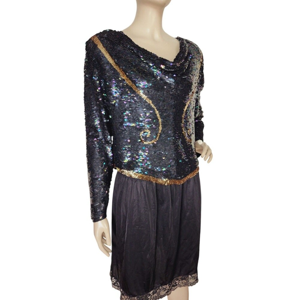 VTG Roche de Paris Art Deco Draped Sequined Cowl Neck High Shoulder Top France